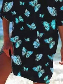 Women's Shirt Dress Beach Dress Beach Wear Mini Dress Button Pocket Fashion Casual Butterfly Turndown 3/4 Length Sleeve Loose Fit Outdoor Daily Black Green 2023 Spring Summer S M L XL -Cheap Plus Fit Dress Store mijmyx1676892743763