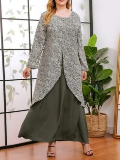 Women's Plus Size Curve Casual Dress A Line Dress Floral Dress Solid Color Floral Long Dress Maxi Dress Long Sleeve Fake Two Piece Crew Neck Fashion Party Green Fall Winter XL XXL 3XL 4XL
