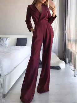 Women's Jumpsuit Patchwork Pocket Solid Color Shirt Collar Business Office Work Wide Leg Slim Long Sleeve Black White Wine S M L Fall