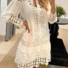 Women's Shirt Dress Casual Dress Cotton Linen Dress Mini Dress Lace Basic Classic Outdoor Daily Vacation Shirt Collar Lace Patchwork Long Sleeve Summer Spring Fall 2023 Loose Fit White Sky Blue Plain