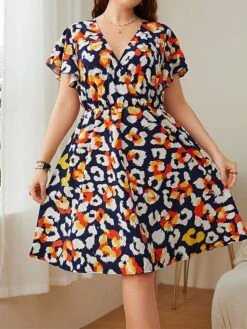 Women‘s Plus Size Curve Casual Sweater Dress Floral Sweater Dress Floral Midi Sweater Dress Short Sleeve Print V Neck Fashion Daily Blue Spring Summer XL XXL 3XL 4XL -Cheap Plus Fit Dress Store mjetii1676457753941