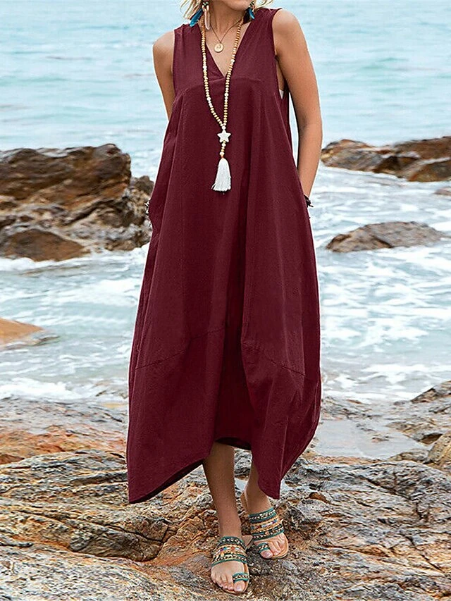 Women's Casual Dress Cotton Dress Swing Dress Maxi Long Dress Cotton Blend Basic Classic Outdoor Daily V Neck Pocket Sleeveless Summer Spring 2023 Regular Fit Black Wine Khaki Plain S M L XL 2XL 4 Women's Casual Dress Cotton Dress Swing Dress Maxi Long Dress Cotton Blend Basic Classic Outdoor Daily V Neck Pocket Sleeveless Summer Spring 2023 Regular Fit Black Wine Khaki Plain S M L XL 2XL - Image 4
