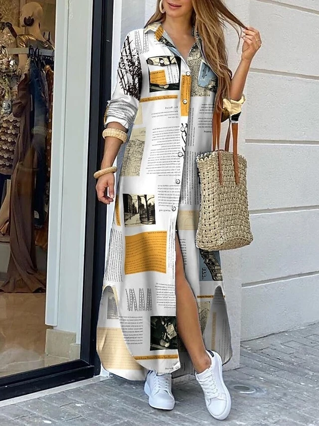 Women's Shirt Dress Maxi Long Dress Winter Dress Street Causal Polyester Spandex Basic Elegant Collar Pocket Split Long Sleeve Summer Spring Fall 2022 Loose Fit Multicolor Newspaper Diamond Geometric 3 Women's Shirt Dress Maxi Long Dress Winter Dress Street Causal Polyester Spandex Basic Elegant Collar Pocket Split Long Sleeve Summer Spring Fall 2022 Loose Fit Multicolor Newspaper Diamond Geometric - Image 3