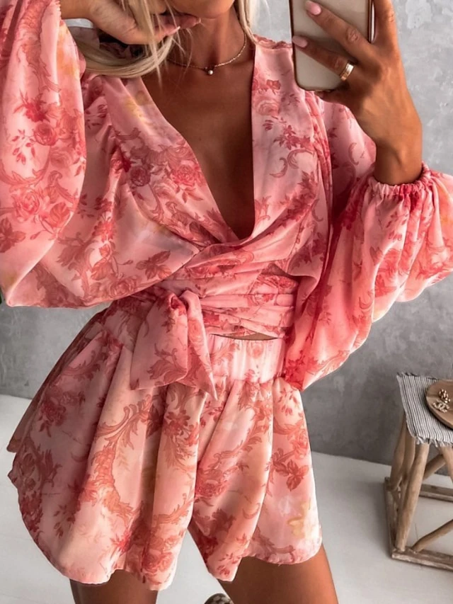 Women's Romper Print Floral V Neck Casual Street Daily Regular Fit Long Sleeve Green Blue Pink S M L Fall 2 Women's Romper Print Floral V Neck Casual Street Daily Regular Fit Long Sleeve Green Blue Pink S M L Fall - Image 2