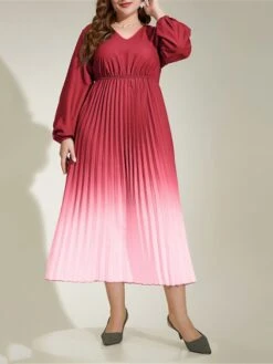 Women's Plus Size Work Dress Swing Dress Semi Formal Dress Fashion Long Dress Maxi Dress Pleated Print V Neck Long Sleeve Ombre Regular Fit Red Fall Winter L XL XXL 3XL 4XL -Cheap Plus Fit Dress Store mkfqts1693300575233