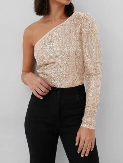 Women's Bodysuit Sequin Solid Color One Shoulder Streetwear Party Street Slim Long Sleeve Black White Pink S M L Fall -Cheap Plus Fit Dress Store mkgnrr1697184636464