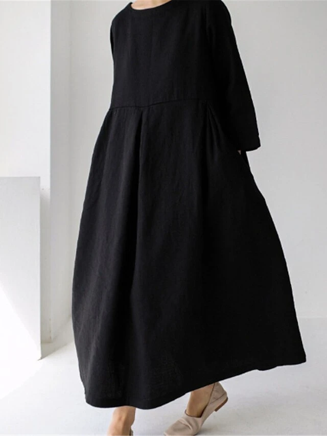 Women's Cotton Linen Dress Casual Dress Swing Dress Maxi Long Dress Cotton Blend Basic Classic Outdoor Daily Crew Neck Pocket Smocked Long Sleeve Summer Spring Fall 2023 Loose Fit Black Yellow Green 2 Women's Cotton Linen Dress Casual Dress Swing Dress Maxi Long Dress Cotton Blend Basic Classic Outdoor Daily Crew Neck Pocket Smocked Long Sleeve Summer Spring Fall 2023 Loose Fit Black Yellow Green - Image 2