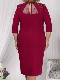Women‘s Plus Size Curve Apple Shaped Dress Wedding Guest Lace Dress Work Dress Sheath Dress Floral Midi Dress Sleeve Lace Crew Neck Elegant Office Red Sky Blue Spring Summer Dress -Cheap Plus Fit Dress Store mknaff1673503409008