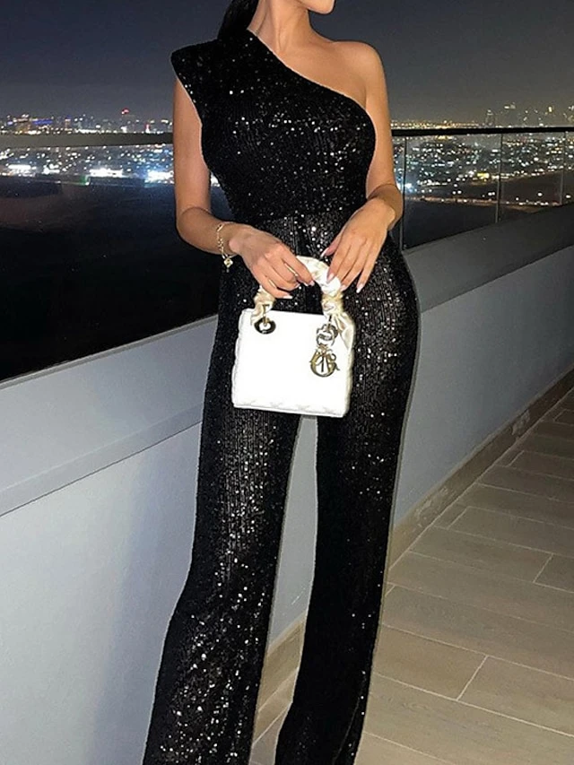 Women's Jumpsuit High Waist Sequin Solid Color One Shoulder Sexy Wedding Party Christmas Regular Fit Sleeveless Black White Gold S M L Fall 2 Women's Jumpsuit High Waist Sequin Solid Color One Shoulder Sexy Wedding Party Christmas Regular Fit Sleeveless Black White Gold S M L Fall - Image 2