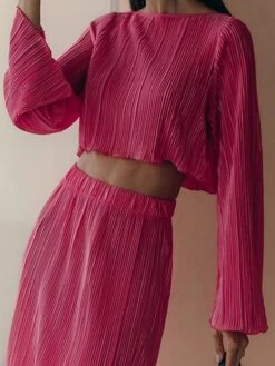 Women's Two Piece Dress Set Casual Dress Skirt Set Outdoor Daily Fashion Streetwear Pleated Midi Dress Crew Neck Long Sleeve Plain Regular Fit Blue Green Rose Red Fall Winter S M L -Cheap Plus Fit Dress Store mkpucj1693534953068