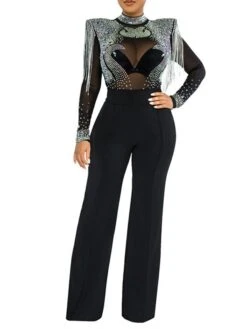 Women's Jumpsuit High Waist Tassel Solid Color Stand Collar Elegant Party Regular Fit Long Sleeve Green Blue Fuchsia S M L Winter -Cheap Plus Fit Dress Store mlespk1665571019212