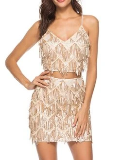 Women's Two Piece Dress Set Party Dress Skirt Set Party Cocktail Party Fashion Party Tassel Fringe Backless Mini Dress Strap Sleeveless Plain Slim Champagne Gold Spring Fall S M L XL -Cheap Plus Fit Dress Store mllokx1692935664222