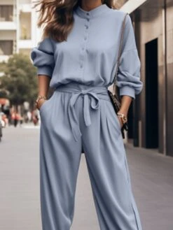 Women's Jumpsuit Button Patch Pocket Solid Color Stand Collar Streetwear Daily Vacation Bootcut Loose Fit Long Sleeve Lantern Sleeve Black Gray S M L Fall Cold Weather -Cheap Plus Fit Dress Store mlvoam1691995051959