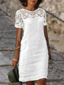 Women's Casual Dress Cotton Linen Dress Lace Dress Midi Dress Linen / Cotton Blend Fashion Basic Outdoor Daily Vacation Crew Neck Lace Patchwork Short Sleeve Summer Spring 2023 Regular Fit White Pink