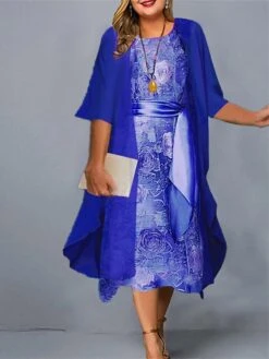 Women‘s Plus Size Curve Casual Dress Dress Set Two Piece Dress Floral Midi Dress 3/4 Length Sleeve Crew Neck Fashion Daily Pink Wine Summer Spring L XL XXL 3XL 4XL -Cheap Plus Fit Dress Store mlybje1678845339619