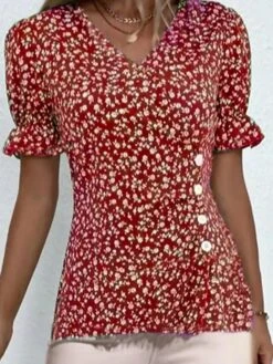 Women's Shirt Blouse Black Red Royal Blue Floral Button Print Short Sleeve Holiday Casual V Neck Regular Fit Floral Puff Sleeve 15 Women's Shirt Blouse Black Red Royal Blue Floral Button Print Short Sleeve Holiday Casual V Neck Regular Fit Floral Puff Sleeve -Cheap Plus Fit Dress Store mmhzjp1686655711775