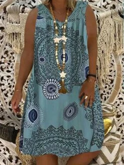 Women‘s Plus Size Curve Casual Dress Shift Dress Geometric Midi Dress Sleeveless Print V Neck Basic Daily Blue Summer Spring L XL XXL 3XL 4XL