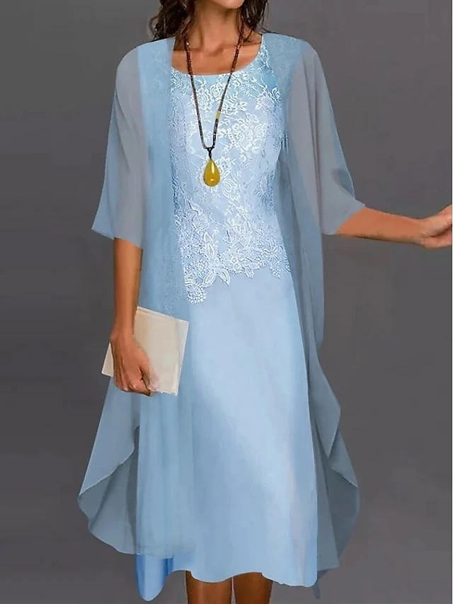 Women's Dress Set Two Piece Dress Shift Dress Midi Dress Light Blue Light Grey Half Sleeve Pure Color Lace Summer Spring Crew Neck Elegant Wedding Guest Loose Fit 2023 S M L XL XXL 3XL 2 Women's Dress Set Two Piece Dress Shift Dress Midi Dress Light Blue Light Grey Half Sleeve Pure Color Lace Summer Spring Crew Neck Elegant Wedding Guest Loose Fit 2023 S M L XL XXL 3XL - Image 2