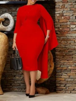 Women‘s Plus Size Curve Work Dress Bodycon Sheath Dress Solid Color Midi Dress Long Sleeve Crew Neck Fashion Outdoor White Red Fall Spring L XL XXL 3XL -Cheap Plus Fit Dress Store mmxzyf1676871088768
