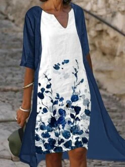Women‘s Dress Set Two Piece Dress A Line Dress Midi Dress Blue Half Sleeve Floral Print Summer Spring V Neck Casual 2023 S M L XL XXL 3XL