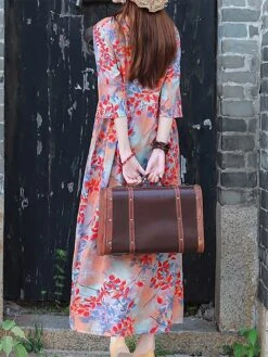 Women's Casual Dress Cotton Linen Dress Swing Dress Midi Dress Linen / Cotton Blend Sweet Style Modern Outdoor Daily Holiday Crew Neck Print 3/4 Length Sleeve Fall Winter Autumn 2023 Loose Fit Yellow -Cheap Plus Fit Dress Store mnuzaa1693553155035