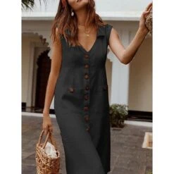 Women's Cotton Linen Dress Casual Dress Maxi Long Dress Cotton And Linen Casual Daily Vacation V Neck Button Pocket Sleeveless Summer Spring 2023 Regular Fit Black Red Blue Pure Color S M L XL XXL -Cheap Plus Fit Dress Store molafu1621949038911