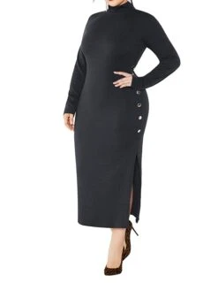 Women's Plus Size Curve Casual Dress Sweater Dress Sheath Dress Plain Midi Dress Long Sleeve Button Split Stand Collar Fashion Daily Black Wine Fall Winter XL XXL 3XL 4XL 5XL -Cheap Plus Fit Dress Store monppv1694151470937