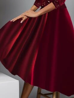 Women's Two Piece Dress Set Party Dress Wine Red Velvet Dress Party Sequin Dress Wedding Guest Fashion Modern Patchwork Midi Dress Crew Neck 3/4 Length Sleeve Plain -Cheap Plus Fit Dress Store mooman1697167538358