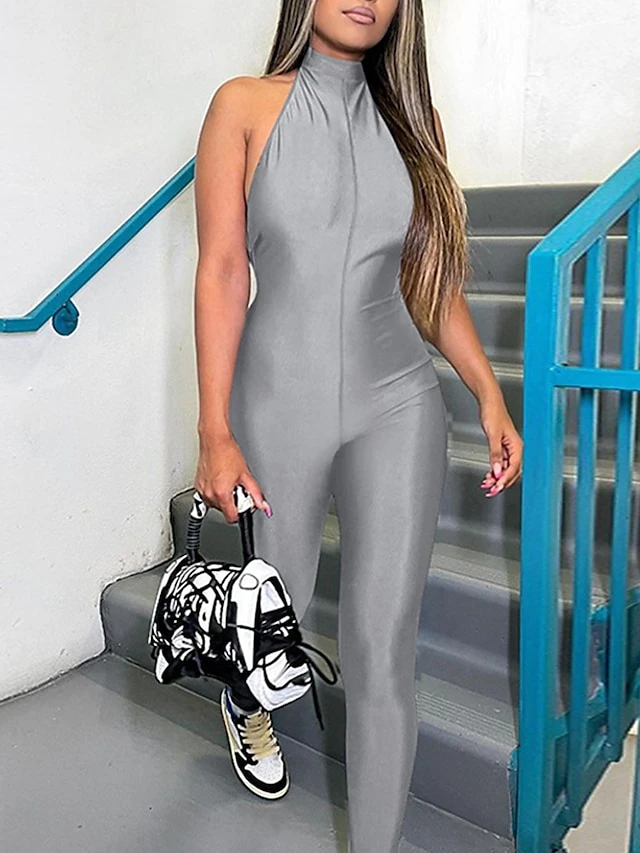 Women's Jumpsuit Backless Full Body Solid Color Halter Neck Streetwear Street Daily Regular Fit Sleeveless Silver Black Blue S M L Summer 13 Women's Jumpsuit Backless Full Body Solid Color Halter Neck Streetwear Street Daily Regular Fit Sleeveless Silver Black Blue S M L Summer - Image 13