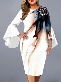 Women‘s Plus Size Curve Party Dress Floral Crew Neck Ruffle Long Sleeve Fall Spring Elegant Prom Dress Knee Length Dress Formal Going Out Dress Work Dress Print