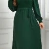 Women's Plus Size Curve Party Dress Winter Dress Sheath Dress Plain Midi Dress Long Sleeve Lace Up Ruched V Neck Fashion Party Green Fall Winter XL XXL 3XL 4XL