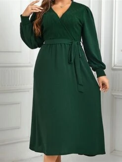 Women's Plus Size Curve Party Dress Winter Dress Sheath Dress Plain Midi Dress Long Sleeve Lace Up Ruched V Neck Fashion Party Green Fall Winter XL XXL 3XL 4XL