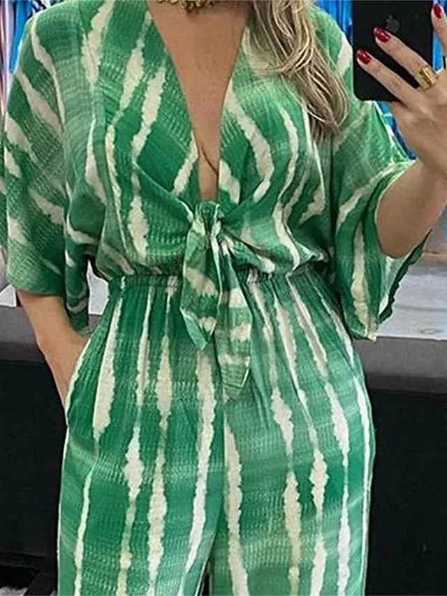 Women's Jumpsuits Casual Summer Lace Up Pocket Striped V Neck Streetwear Street Daily Regular Fit 3/4 Length Sleeve Green Gray S M L 2 Women's Jumpsuits Casual Summer Lace Up Pocket Striped V Neck Streetwear Street Daily Regular Fit 3/4 Length Sleeve Green Gray S M L - Image 2