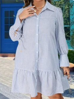 Women's Plus Size Curve Shirt Dress Casual Dress Stripe Midi Dress Long Sleeve Ruffle Button Shirt Collar Fashion Outdoor Light Blue Fall Winter XL XXL 3XL 4XL -Cheap Plus Fit Dress Store mpreid1693533688796