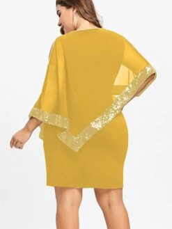 Women‘s Plus Size Curve Sequin Dress Work Dress Sheath Dress Solid Color Mini Dress Long Sleeve Crew Neck Fashion Evening Party Black Yellow Summer Spring L XL XXL 3XL 4XL -Cheap Plus Fit Dress Store mpujas1690366133388