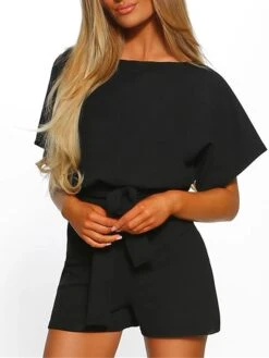 Black Jumpsuit For Women Romper Lace Up Print Solid Color Crew Neck Casual Daily Vacation Regular Fit Short Sleeve Black Wine Blue S M L Spring