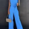 Women's Jumpsuits Casual Summer Lace Up Ruffle Solid Color Round Neck Elegant Party Going Out Regular Fit Short Sleeve White Blue Pink S M L Spring Fall