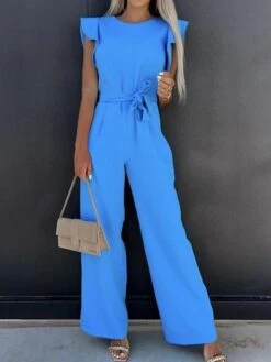 Women's Jumpsuits Casual Summer Lace Up Ruffle Solid Color Round Neck Elegant Party Going Out Regular Fit Short Sleeve White Blue Pink S M L Spring Fall