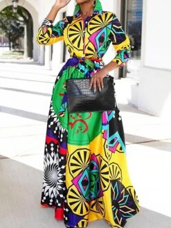 Women's Shirt Dress Casual Dress Sheath Dress Maxi Long Dress Outdoor Daily Vacation Polyester Fashion Casual Shirt Collar Lace Up Button Long Sleeve Fall Winter 2023 Loose Fit Yellow Geometric S M L