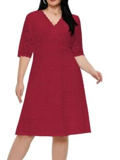 Women‘s Plus Size Curve Party Dress Lace Dress White Dress Solid Color Midi Dress Half Sleeve Lace V Neck Fashion Party White Red Summer Spring XL XXL 3XL 4XL 5XL -Cheap Plus Fit Dress Store mrdzph1681204550816