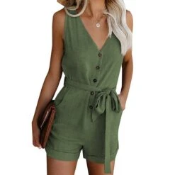 Women's Jumpsuits Casual Summer Romper Lace Up Button Front Solid Color V Neck Casual Daily Going Out Regular Fit Sleeveless Light Blue ArmyGreen Blue S M L Spring 15 Women's Jumpsuits Casual Summer Romper Lace Up Button Front Solid Color V Neck Casual Daily Going Out Regular Fit Sleeveless Light Blue ArmyGreen Blue S M L Spring -Cheap Plus Fit Dress Store mrfkba1619414748348