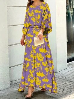 Women's Two Piece Dress Set Casual Dress Skirt Set Daily Vacation Fashion Casual Print Long Dress Maxi Dress Crew Neck Long Sleeve Floral Stripe Loose Fit White Blue Sky Blue Summer Spring S M L XL -Cheap Plus Fit Dress Store mrfxmj1689836912972