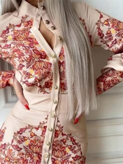 Women's Shirt Dress Casual Dress Bodycon Midi Dress Outdoor Office Daily Polyester Fashion Romantic Stand Collar Button Print Long Sleeve Summer Spring Fall 2023 Slim Blue Khaki Floral S M L XL 2XL -Cheap Plus Fit Dress Store mriwrl1689227630803