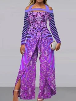 Women‘s Jumpsuit Floral Print Striped Off Shoulder Active Wedding Party Wide Leg Regular Fit Long Sleeve Purple Fuchsia Light Blue S M L All Seasons 5 Women‘s Jumpsuit Floral Print Striped Off Shoulder Active Wedding Party Wide Leg Regular Fit Long Sleeve Purple Fuchsia Light Blue S M L All Seasons -Cheap Plus Fit Dress Store mrjpwo1693274325957