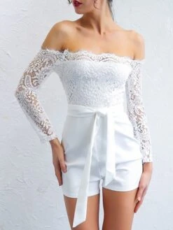 White Jumpsuit For Women Sexy Romper Lace Backless Solid Color Off Shoulder Elegant Party Street Regular Fit Long Sleeve S M L Summer -Cheap Plus Fit Dress Store mrzopq1677811858668