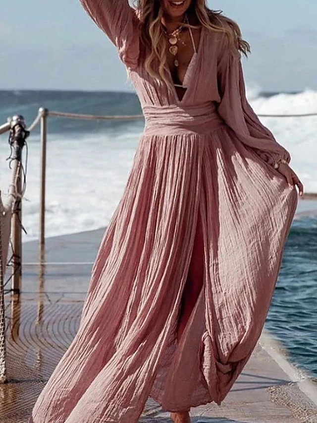 Women's Casual Dress Cotton Linen Dress Maxi Long Dress Polyester Basic Casual Daily Vacation V Neck Split Long Sleeve Summer Spring Fall 2023 Regular Fit Black White Pink Pure Color S M L XL 5 Women's Casual Dress Cotton Linen Dress Maxi Long Dress Polyester Basic Casual Daily Vacation V Neck Split Long Sleeve Summer Spring Fall 2023 Regular Fit Black White Pink Pure Color S M L XL - Image 5