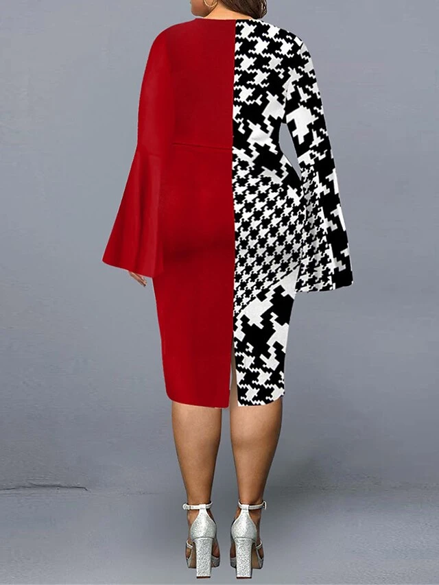 Women's Plus Size Curve Party Dress Cocktail Dress Work Dress Geometric Stripe Midi Dress Long Sleeve Print V Neck Fashion Party Black Red Fall Winter XL XXL 3XL 4XL 5XL 6 Women's Plus Size Curve Party Dress Cocktail Dress Work Dress Geometric Stripe Midi Dress Long Sleeve Print V Neck Fashion Party Black Red Fall Winter XL XXL 3XL 4XL 5XL - Image 6