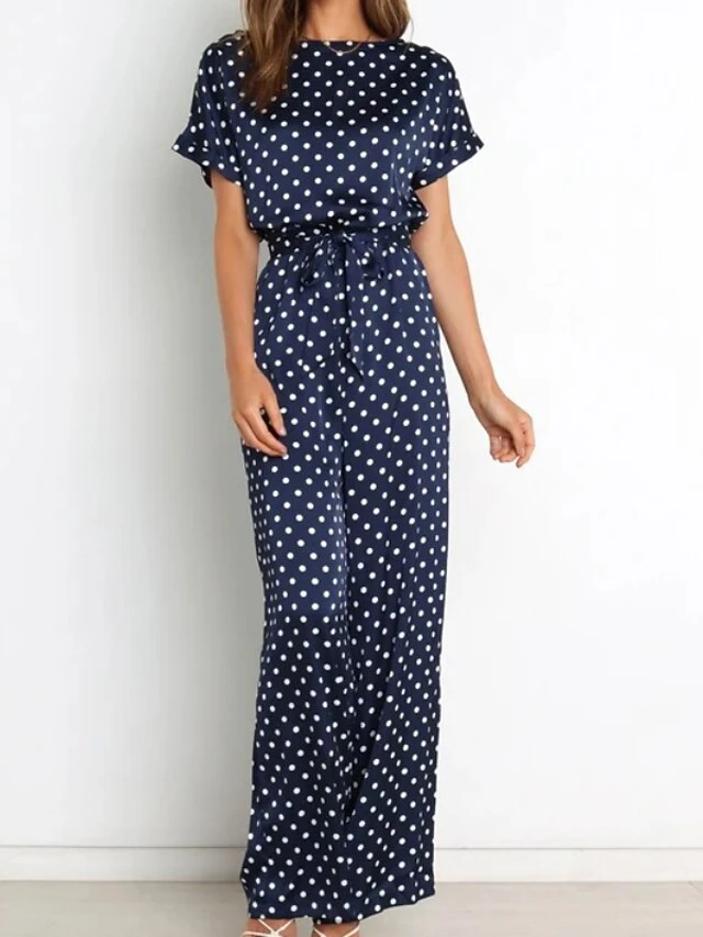 One Piece Jumpsuits For Women Zipper Polka Dot Crew Neck Elegant Party Vacation Regular Fit Short Sleeve Blue S M L Spring 1 One Piece Jumpsuits For Women Zipper Polka Dot Crew Neck Elegant Party Vacation Regular Fit Short Sleeve Blue S M L Spring