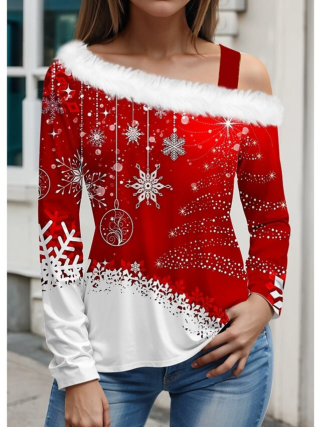 Women's Blouse Christmas Shirt White Wine Red Christmas Tree Snowflake Print Long Sleeve Christmas Casual Festival / Holiday Fur Collar Regular Fit Spring &Fall 1 Women's Blouse Christmas Shirt White Wine Red Christmas Tree Snowflake Print Long Sleeve Christmas Casual Festival / Holiday Fur Collar Regular Fit Spring &Fall
