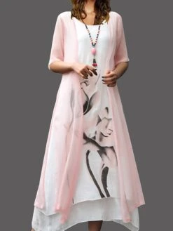 Women's Two Piece Dress Set Casual Dress Cotton Linen Dress Outdoor Daily Fashion Casual Fake Two Piece Print Midi Dress Crew Neck Short Sleeve Floral Painting Regular Fit Yellow Pink Red Summer -Cheap Plus Fit Dress Store mtpakh1680146908480